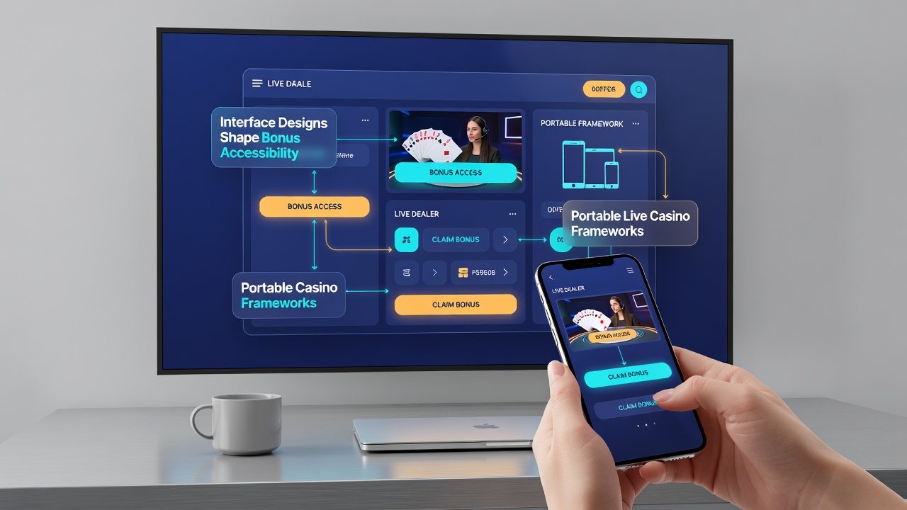 Illustration einer mobilen Casino-App-Oberfläche mit Bonus-Elementen und Live-Dealer-Integration