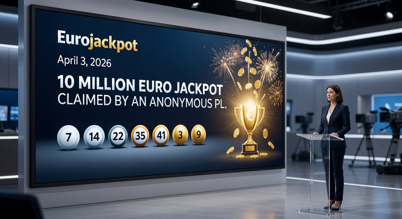 Eurojackpot-Ziehungsszene mit glücklichen Gewinner-Symbolen und NRW-Landkarte