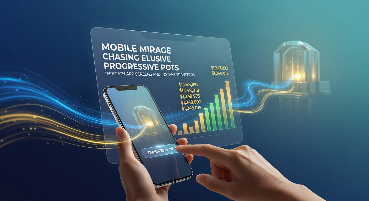 Grafik eines progressiven Jackpots, der auf einem Smartphone explodiert, mit Pfeilen zu Wallet-Transfers und Zeitstempeln